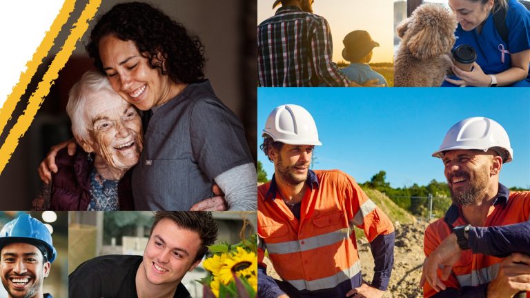 Australian workers from different industries, including construction workers in hard hats and hi-vis, an aged care worker hugging an elderly resident, a farmer and a vet nurse.